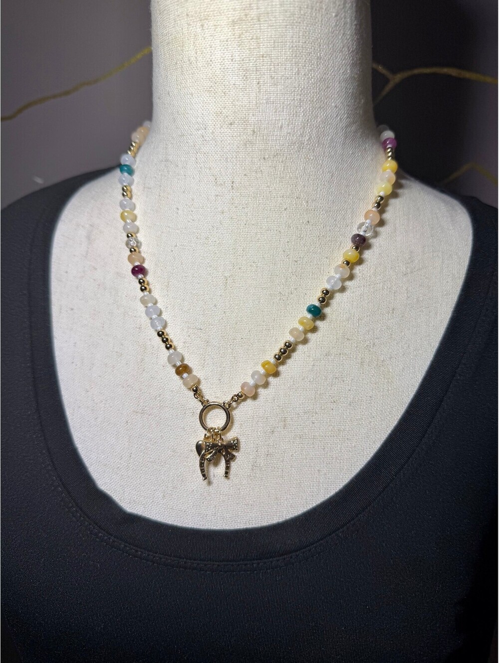 Francesca’s Multicolor Beaded Bow Charm Necklace Gold Tone NWT